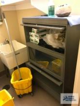 GLASS DOOR BOOKCASE, MOP BUCKETS, ETC.