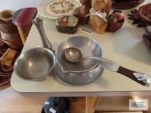 Hammered aluminum tray, gravy ladle, silverplate bowl, and pewter vase