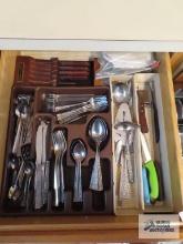 Cosmos stainless steel flatware set service for 10, not complete and other items in drawer