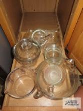 Pyrex glass measuring cups, clear glass pot, etc