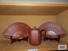 Ceramic Oriental teapot and fan decorations