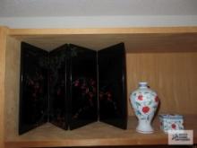 Oriental table top screen decoration, vase and trinket box