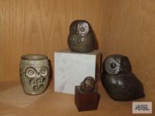 Owl figurines and clay owl candle holder with solid marble block