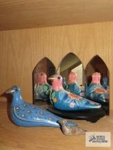 Ceramic hand painted bird figurines, Mexico and tri-fold miniature mirror