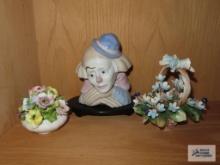 Clown figurine made in China. Coalport ceramic flower, has chips. Flower basket, made in Italy, has