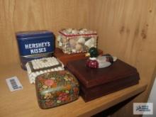 Hershey Kisses advertising tin, Calvary saddle soap tin, seashell trinket boxes, mallard playing
