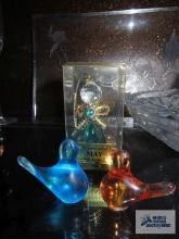 2 Mini hand blown glass birds. one is peach. one is blue. May emerald angel ornament.