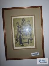Amish Family at Dinner block print by Constantine Kermes `65