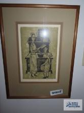 Amish Boy and Mother block print by Constantine Kermes `65