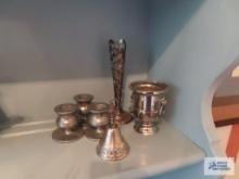 Silverplate bell, Mexico 925 vase, metal candle holders, and silverplate toothpick holder with lion