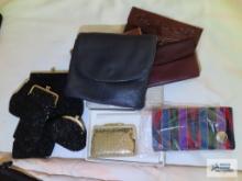 Beaded purses and change purses, leather wallet, small blue purse, etc