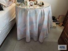Wood formica top pedestal table with metal base