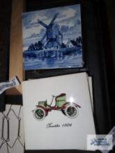 Delft Holland hand painted windmill tile, vintage car tiles, and other artwork