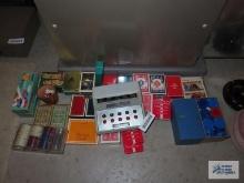 Variety of vintage playing cards, advertising playing cards, draw poker game, poker chips, etc