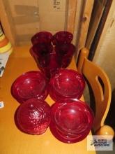 Cranberry glass compote and glasses