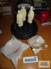 Marble ashtrays, Oriental figurines and wooden base