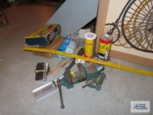 Littlestown number 112 bench vise, Stanley aluminum level, electric stapler, manual stapler, plastic
