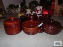 West Bend brownware bean pot, Haeger USA 1979 planter, and brownware covered baking dish