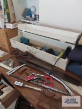 Yankee screwdriver, hand saws, antique carpenters box, etc