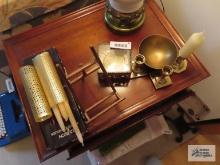 Baldwin brass candlestick, Oriental ashtray, metal and glass trinket box, and other brass items