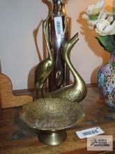 Brass goose figurine, crane figurine, and candy dish