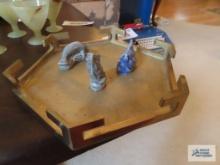 Miniature ceramic figurines on brass tray made in Hong Kong