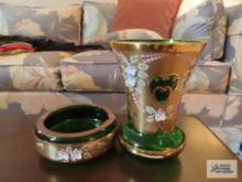 Green glass with gold and painted trim vase and ashtray