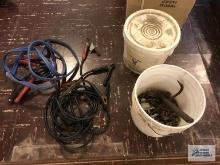 (2) PARTIAL BUCKETS OF HARDWARE AND (2) SETS OF JUMPER CABLES