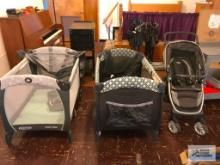 (2) PACK N PLAYS WITH INSERTS AND CHICCO STROLLER.