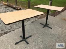 (2) RECTANGLE BAR TABLE TOPS WITH BASES. (2) ROUND TABLE TOPS (NO BASE).