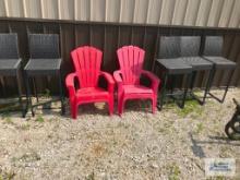 (2) PLASTIC OUTDOOR CHAIRS AND (5) OUTDOOR STOOLS, 2 BROKEN.