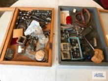 (2) VINTAGE GLASS DISPLAY CASES WITH SMALL CAR PARTS.