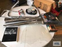 VARIOUS MOTORCYCLE PARTS. 2001 HARLEY DAVIDSON SERVICE MANUAL. EXHAUST PIPES, USED.
