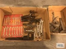 (4) SMALL PIPE WRENCHES, SET OF WRENCHES AND ANGLE MEASURING DEVICES