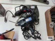 Two Illinois Industrial drills, one Wen 1/2 inch drill and one Skil drill with two wood bits