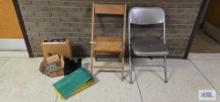 Folding chairs, 3M 7200 black stripper floor pads, and door hinges