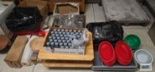 Large commercial kitchen item lot including salt and pepper shakers, plastic baskets, glass