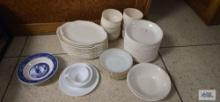 Assortment of china including Corelle, Currier and Ives, Willoware, Fire King bowls