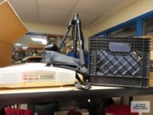 Sony under cabinet stereo with Vivitar tripod and folders