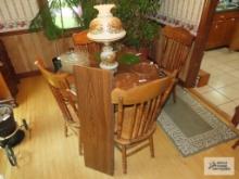 Wood formica top table with one leaf and 6 woven seat chairs