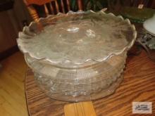 Glass silver floral etched cake plate and other clear glass cake plates