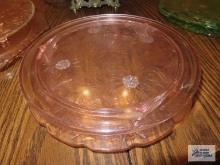 Two pink depression glass cake plates