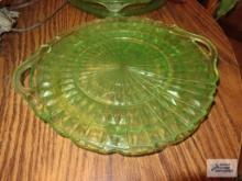 Green depression glass cake plate and serving plate