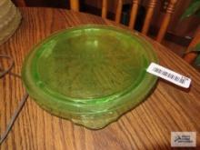 Two green depression glass cake plates