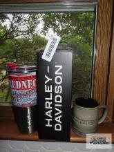 Harley Davidson metal water bottle, mug, and redneck cup