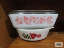 Pyrex pink leaf design refrigerator dish and other milk glass rose design casserole