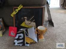 Penguins clock, flag, Stanley Cup champions ornament and Mario Lemieux glasses
