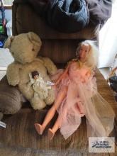 Plastic Barbie light doll approximately 3ft tall, Fritz Basket Babies Victoria doll, and vintage