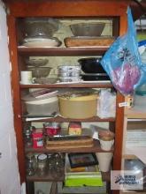 Variety of plasticware, masonjars, glass serving pieces, etc.