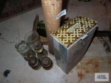 Metal mirrored wall sconce, brass colored candle holders, and Princess House leaf serving plates